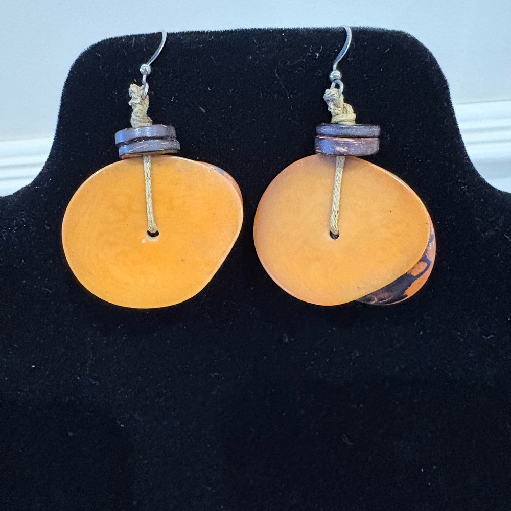 Tagua Organic Disc Earrings Mustard Brown Handmade Statement